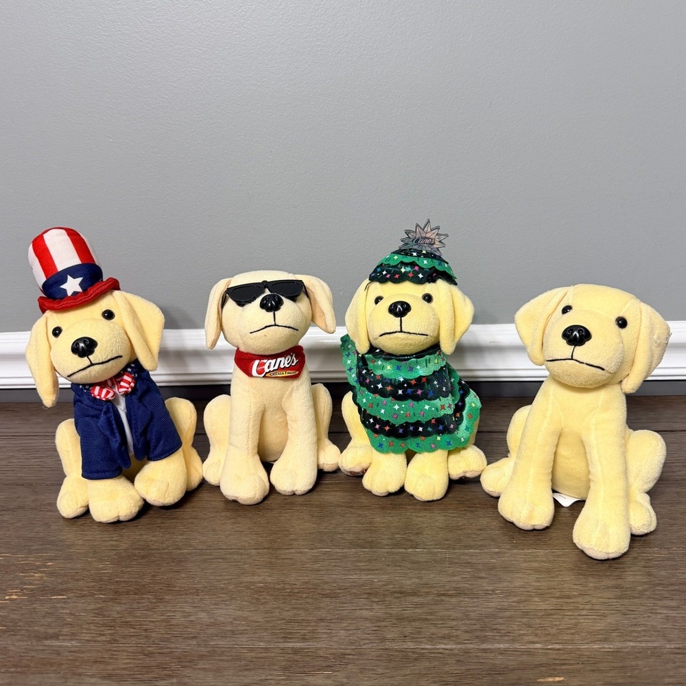 Raising Cane's Plush Puppy Dog Lot‎ of 4 Christmas Patriotic Sunglasses Mascot